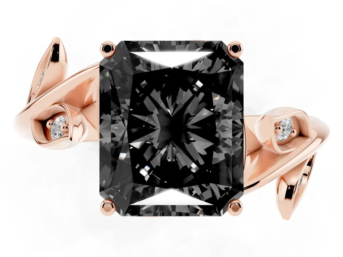 Fancy Black Radiant Cut Solitaire Twist Engagement Ring with Leaf Accents and Prong Setting Rose gold