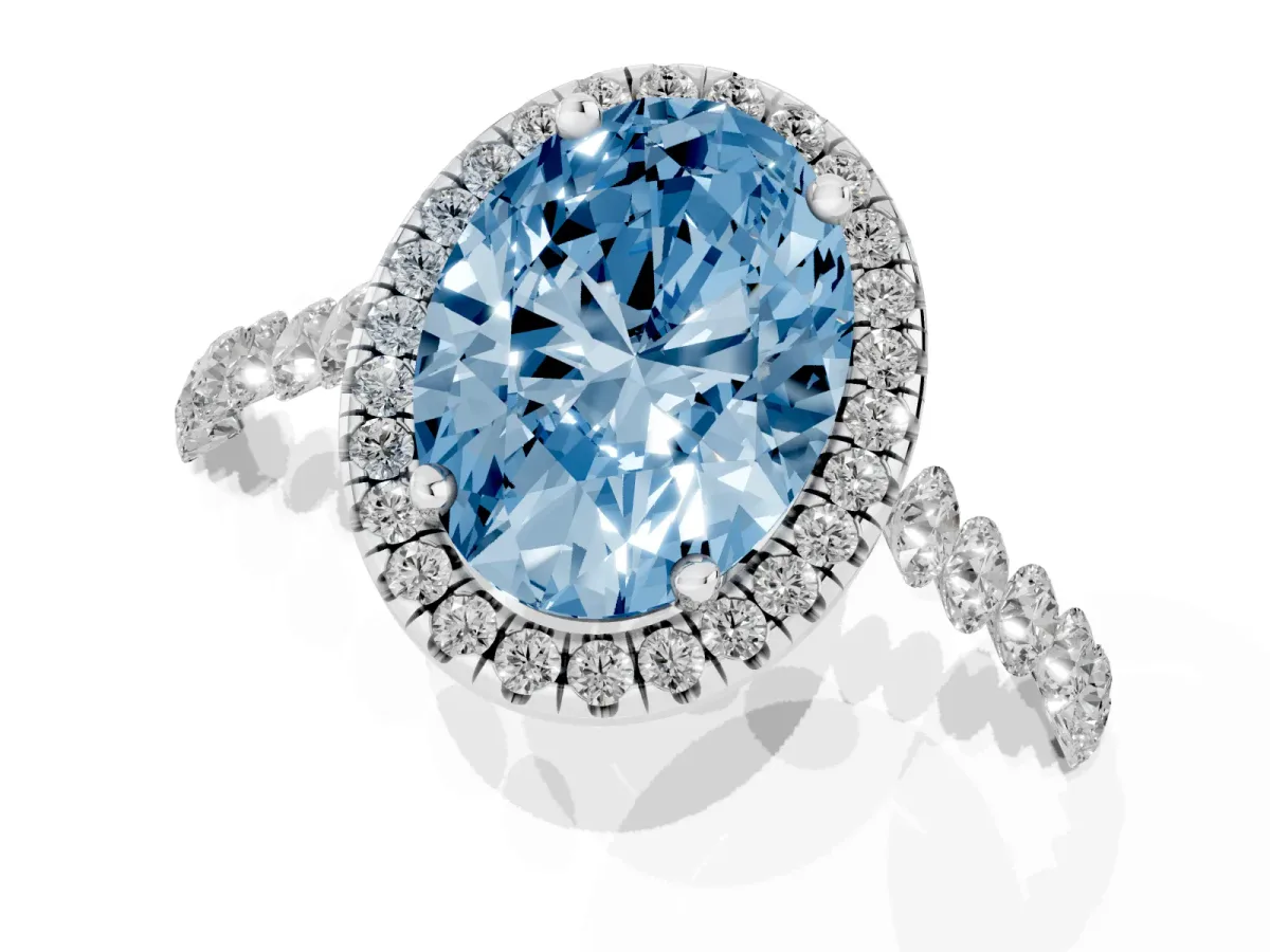 Fancy Blue Oval Cut Halo Pavé Diamond Engagement Ring with Four-Prong Setting Silver