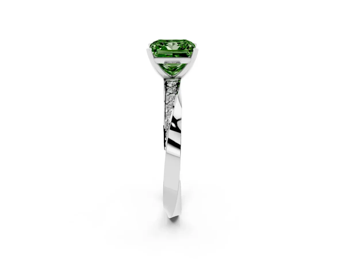 Fancy Green Princess Cut Diamond Engagement Ring with Side Stone Accents and Four-Prong Setting Silver