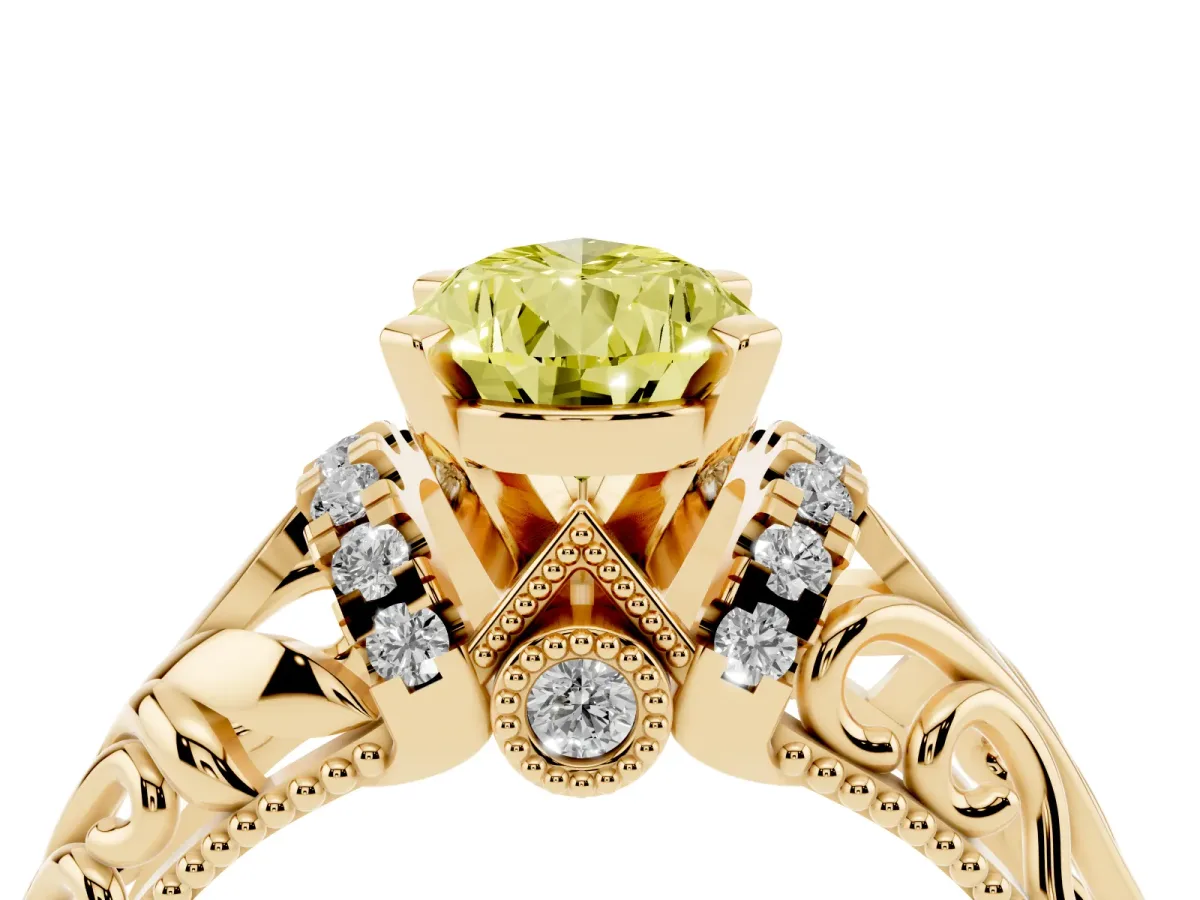 Fancy Yellow Pear Cut Solitaire Filigree Engagement Ring with Halo and Prong Setting Yellow gold