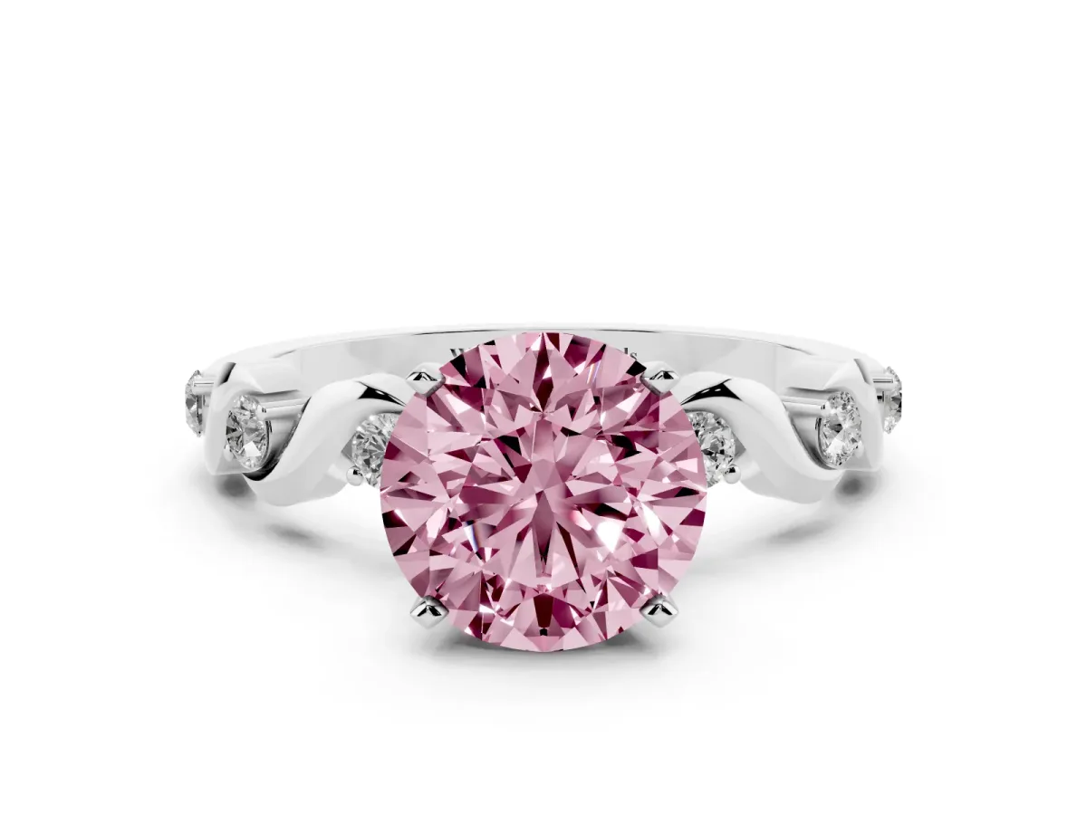Fancy Pink Round Cut Diamond Solitaire Twisted Band with Round Accents and Prong Setting Silver