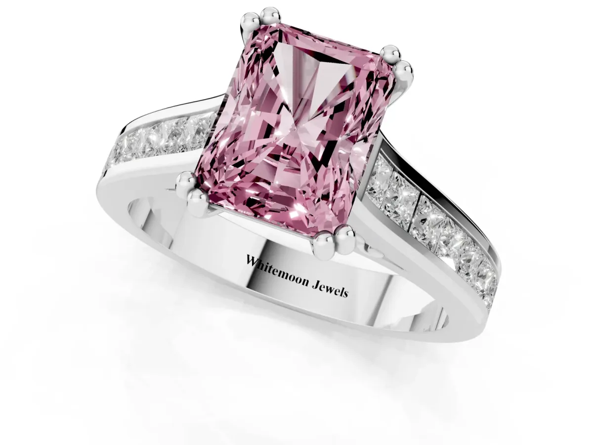 Fancy Pink Radiant Cut Cut Channel Set Solitaire Engagement Ring with Prong Setting Platinum