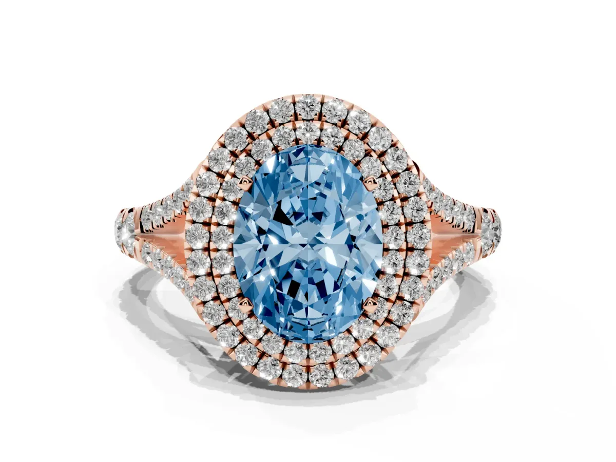 Fancy Blue Oval Cut Diamond Pavé Split Shank Double Halo Engagement Ring Rose gold