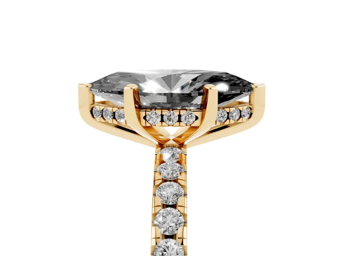 Fancy Black Marquise Cut Diamond Solitaire Ring with Round Pavé Band and Four-Prong Setting Yellow gold