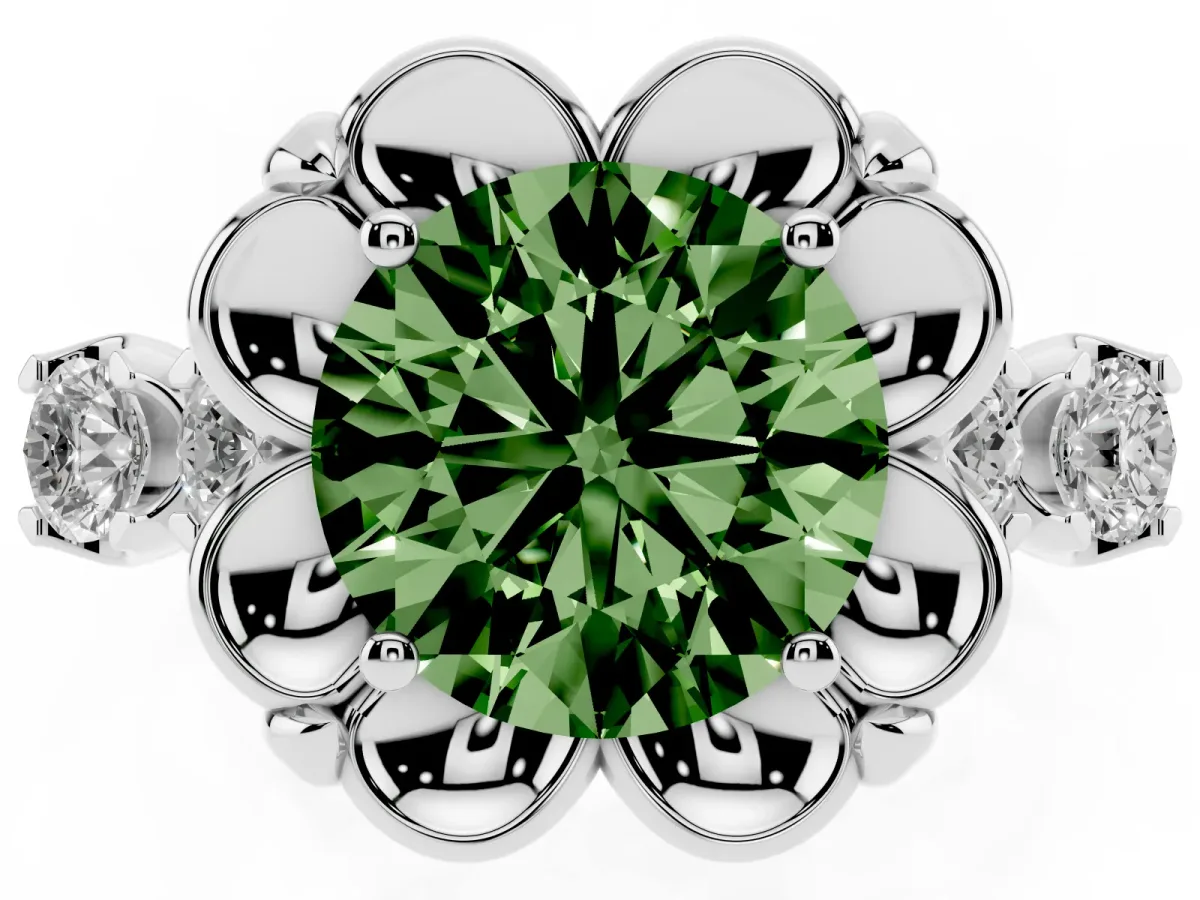 Fancy Green Round Cut Cut Diamond Floral Halo Engagement Ring with Shared Prong Setting Silver