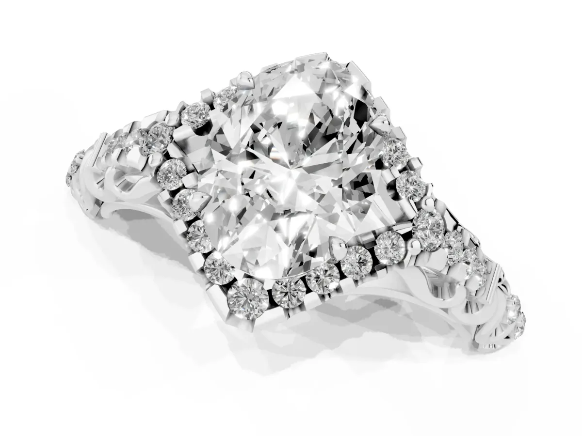 Oval Cut Diamond Solitaire Ring with Hidden Halo and Pavé Band Silver