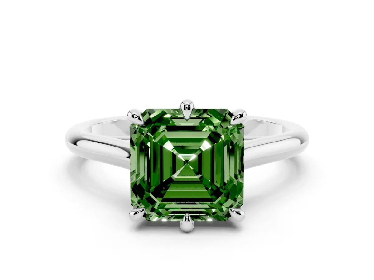 Fancy Green Asscher Cut Solitaire Engagement Ring with Six-Prong Setting and Classic Band Silver