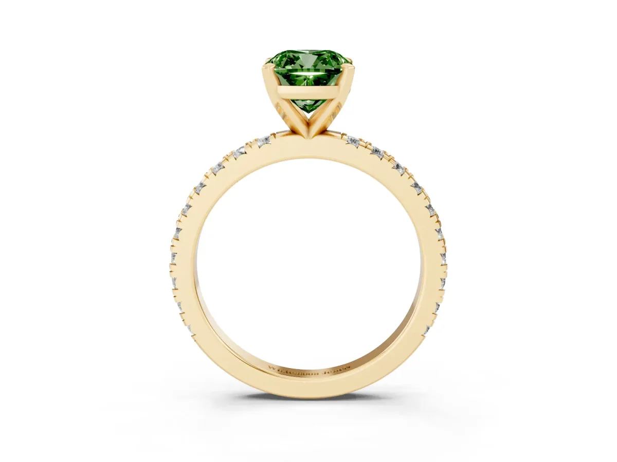 Fancy Green Cushion Cut Diamond Pavé Band Solitaire with Four-Prong Setting Yellow gold