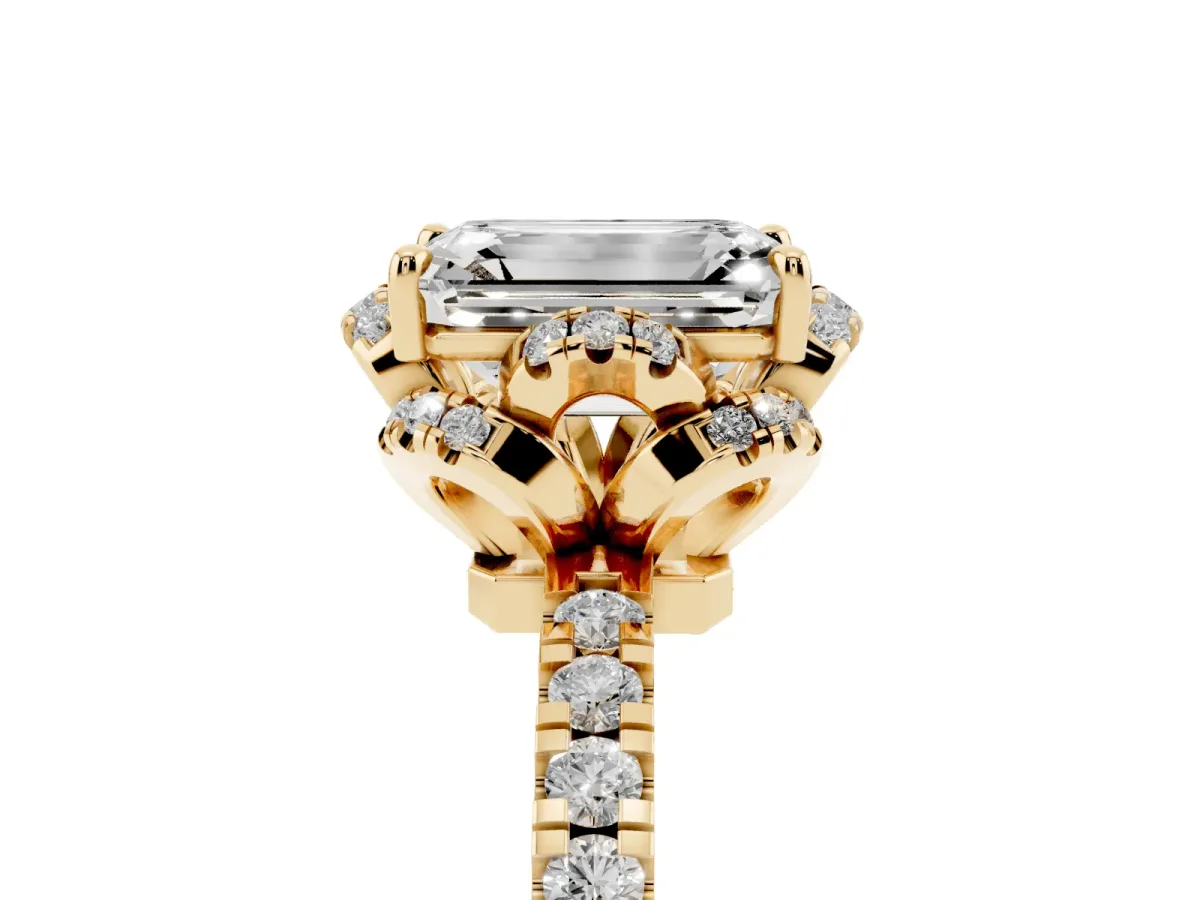 Emerald Cut Halo Diamond Pave Band Ring with Four-Prong Setting Yellow gold