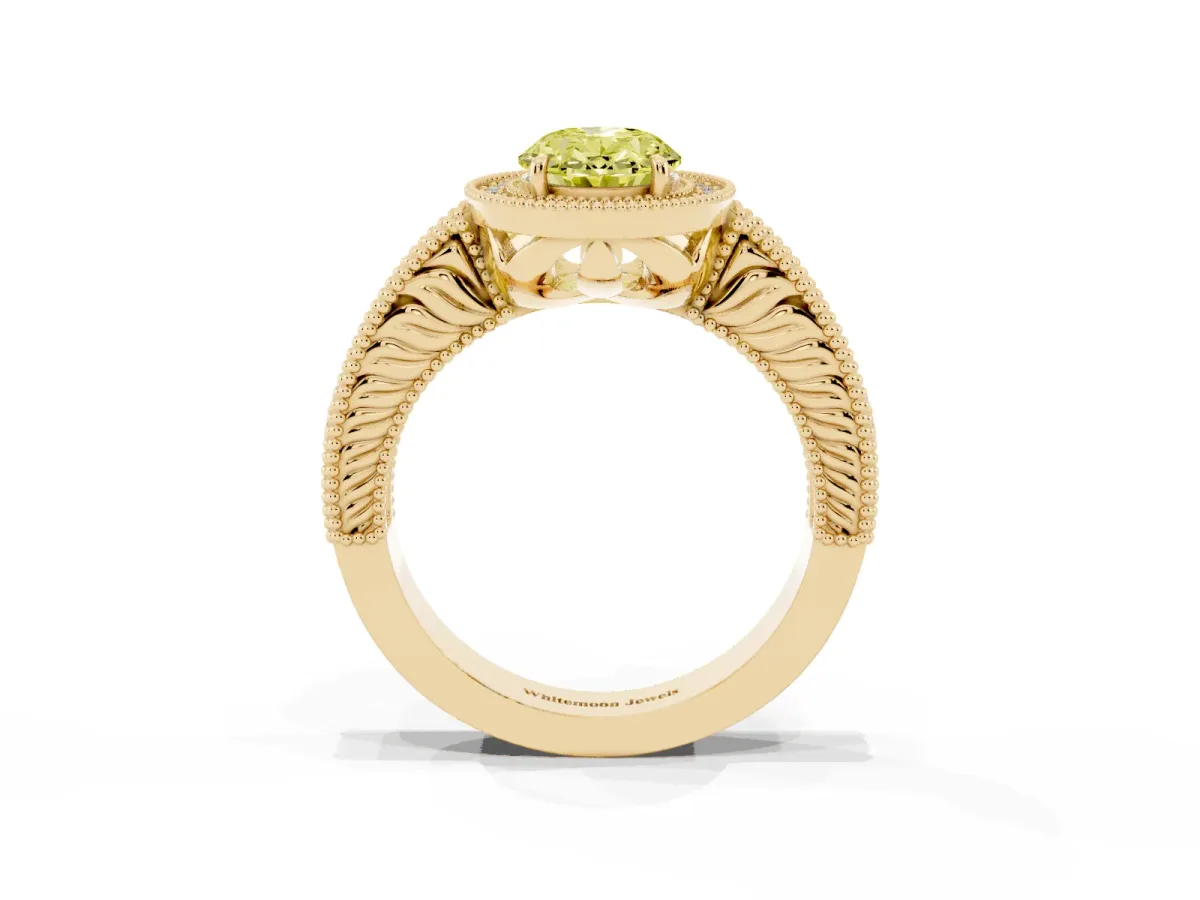 Fancy Yellow Oval Cut Cut Halo Diamond Ring with Pavé Band and Four-Prong Setting Yellow gold