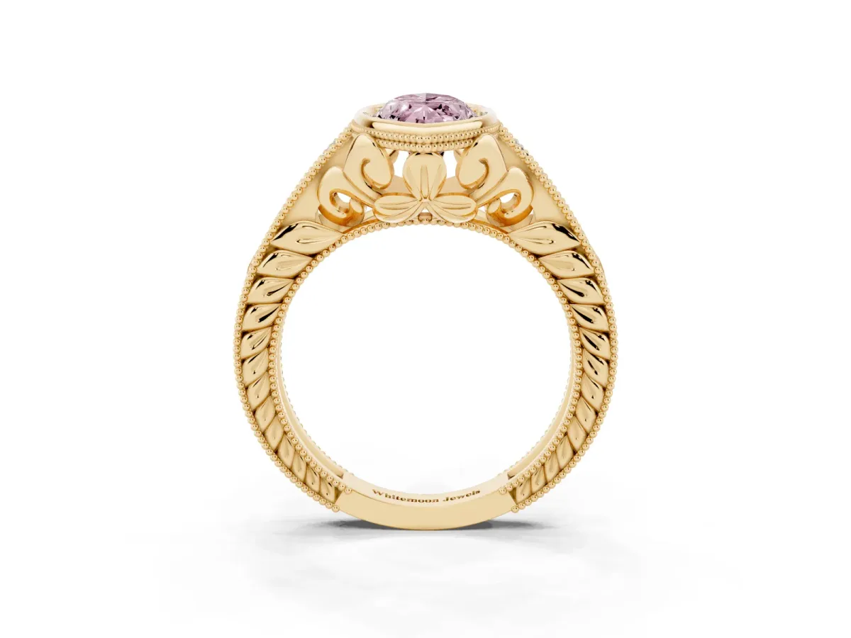 Fancy Pink Bezel Set Marquise Cut Diamond Milgrain Pave Engagement Ring Yellow gold