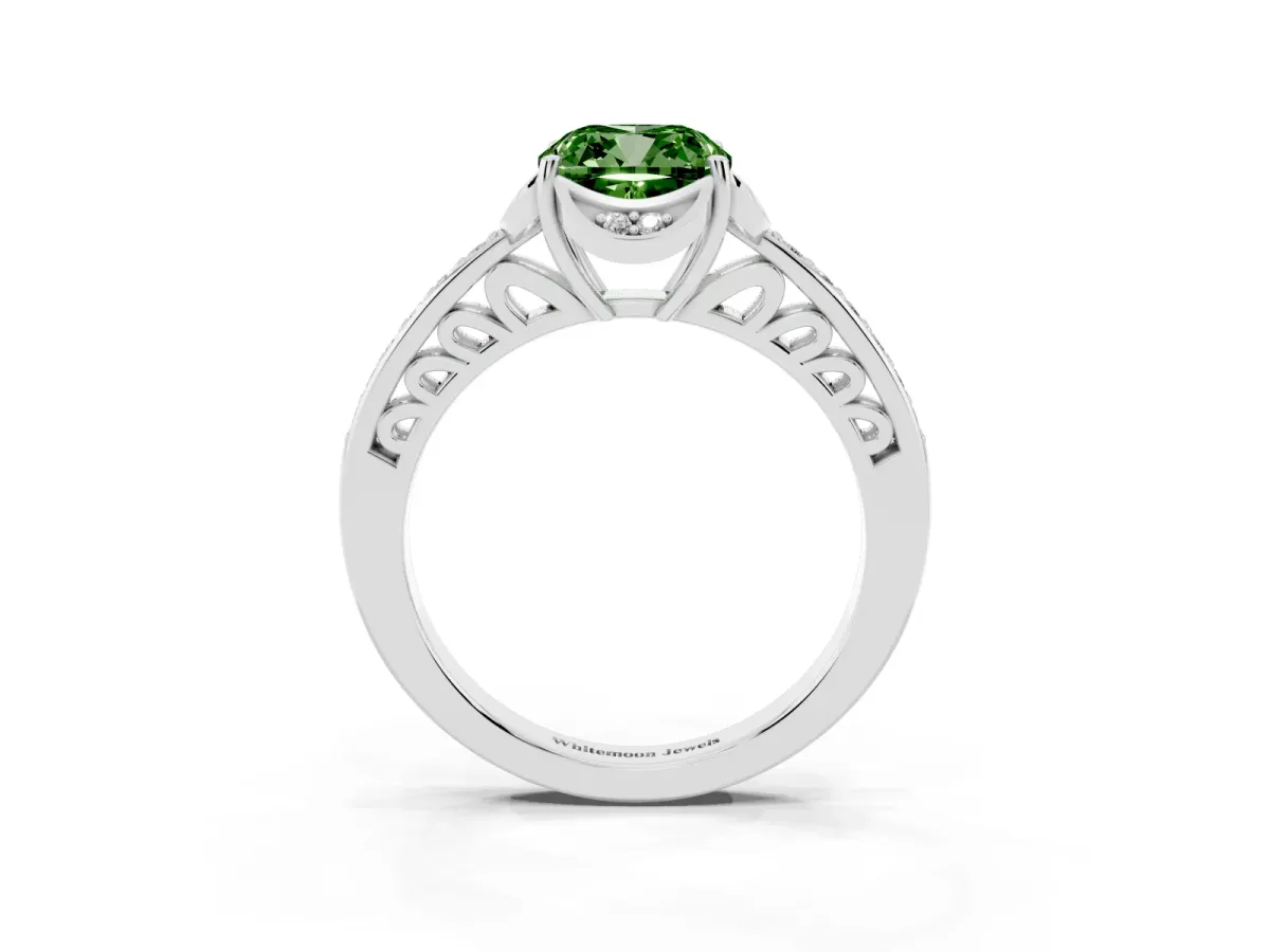 Fancy Green Cushion Cut Cut Halo Diamond Ring with Channel Set Band and Four-Prong Setting Platinum