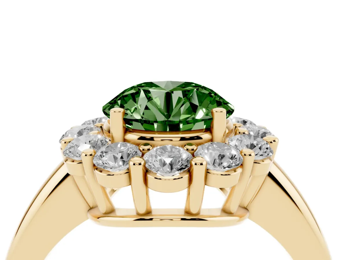 Fancy Green Round Cut Halo Cluster Diamond Engagement Ring with Prong Setting and Polished Band Yellow gold