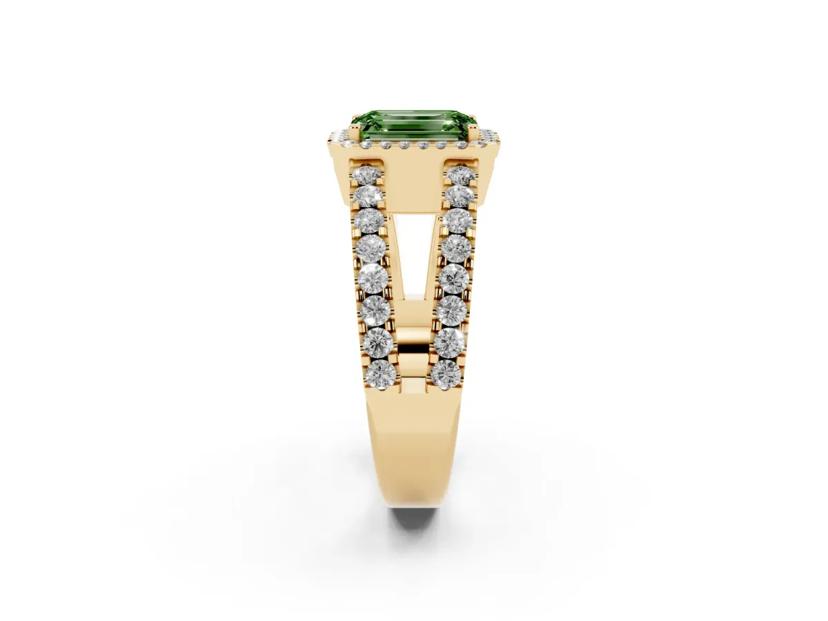 Fancy Green Emerald Cut Cut Halo Split Shank Diamond Ring with Four-Prong Setting Yellow gold