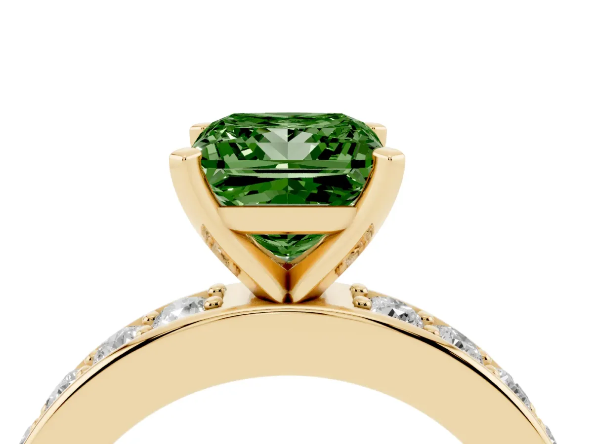 Fancy Green Princess Cut Diamond Engagement Ring with Channel Set Round Band and Prong Setting Yellow gold