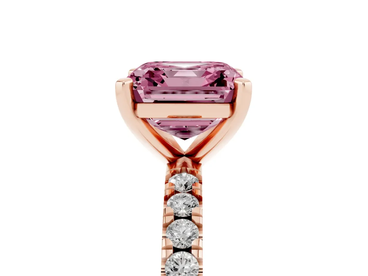 Fancy Pink Asscher Cut Diamond Pavé Band Solitaire with Four-Prong Setting Rose gold