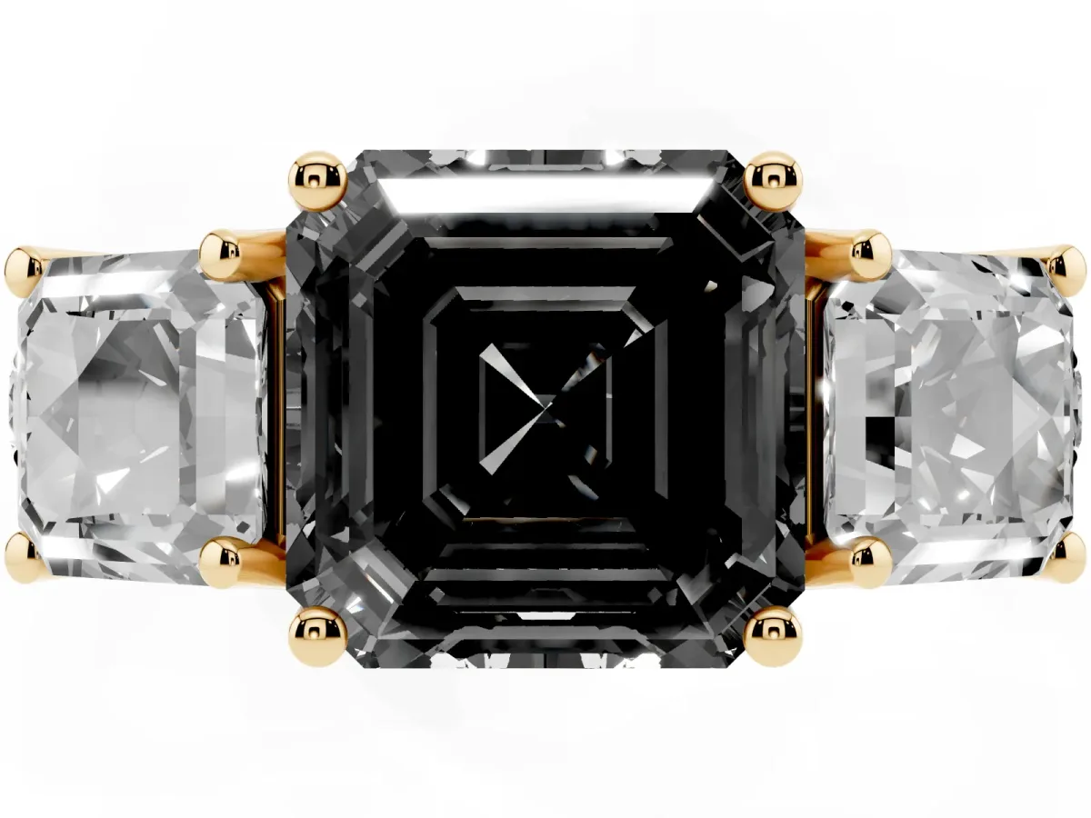Fancy Black Three-Stone Asscher Cut Diamond Pavé Band with Prong Setting Yellow gold