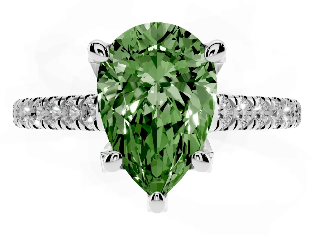 Fancy Green Pear Cut Brilliant Diamond Solitaire with Pavé Band and Four-Prong Setting Silver