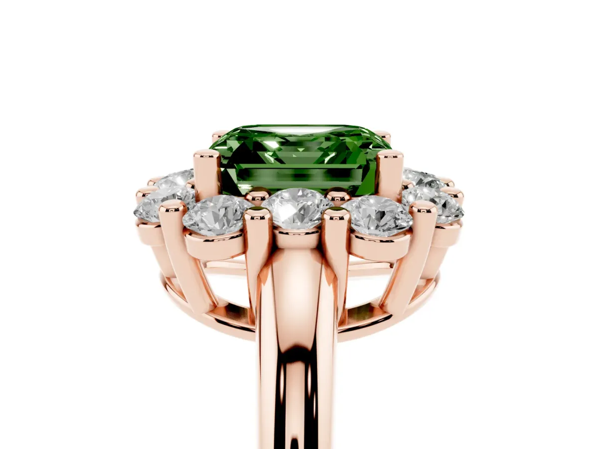 Fancy Green Asscher Cut Halo Cluster Diamond Engagement Ring with Prong Setting and Polished Band Rose gold