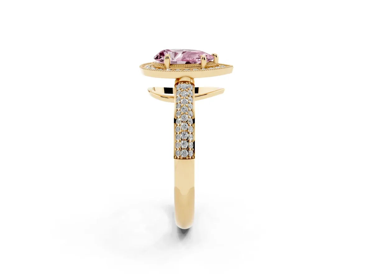 Fancy Pink Pear Cut Cut Halo Diamond Pave Band with Four-Prong Setting Yellow gold