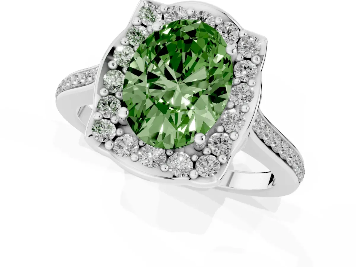 Fancy Green Oval Cut Halo Round Diamond Pave Band with Four-Prong Setting Platinum