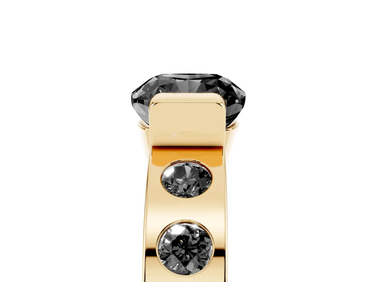 Fancy Black Cushion Cut Brilliant Channel-Set Diamond Ring with Bezel Prong Setting Yellow gold