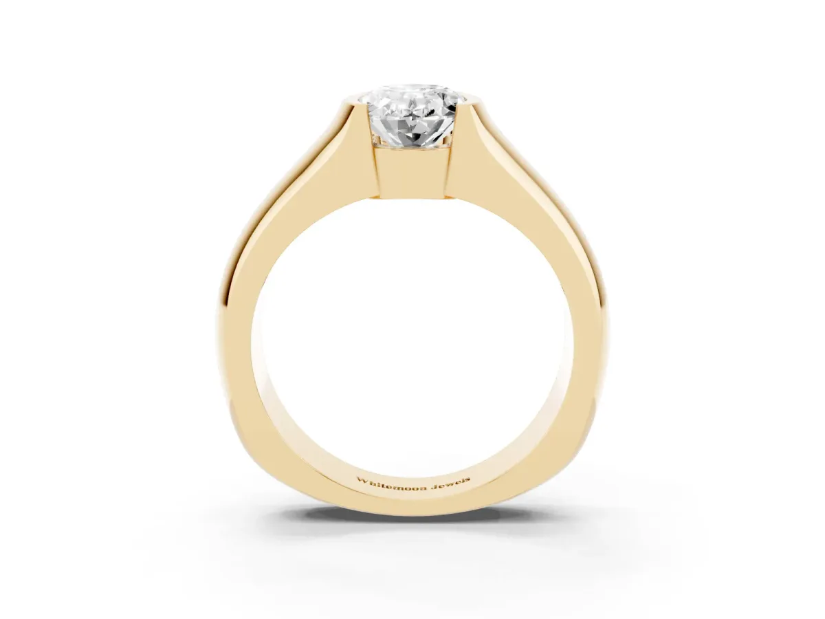 Oval Cut Solitaire Bezel Set Diamond Ring with Wide Band Yellow gold