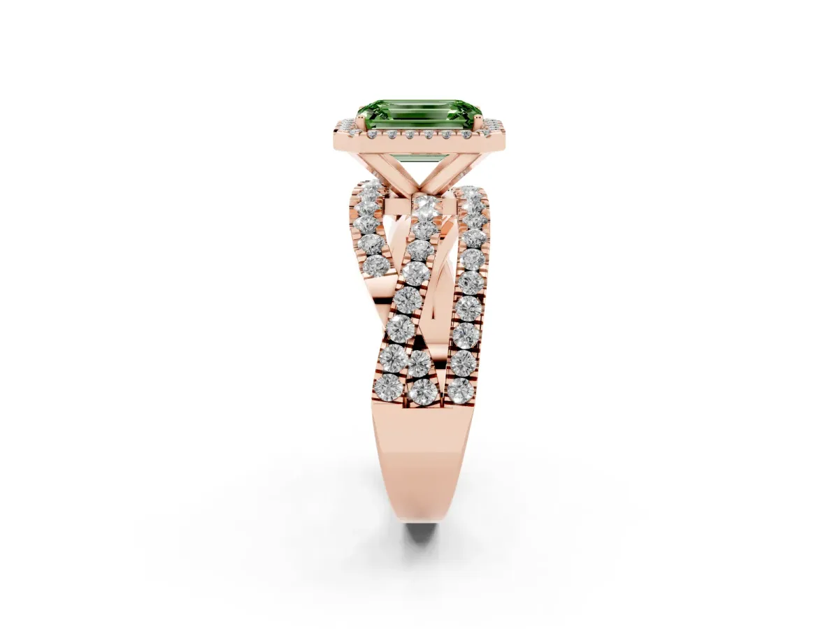Fancy Green Emerald Cut Diamond Halo Ring with Round Split Shank and Prong Setting Rose gold