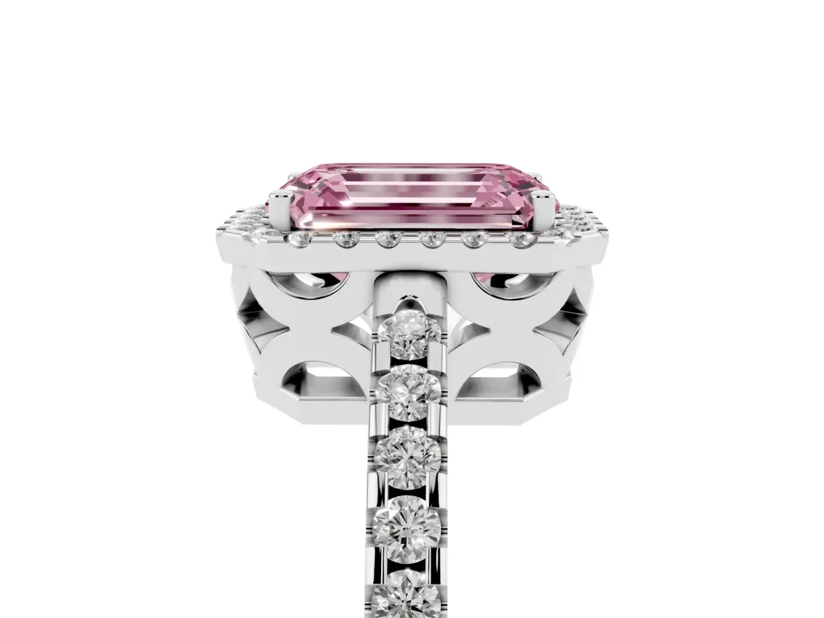 Fancy Pink Emerald Cut Diamond Halo Engagement Ring with Pavé Band and Prong Setting Platinum