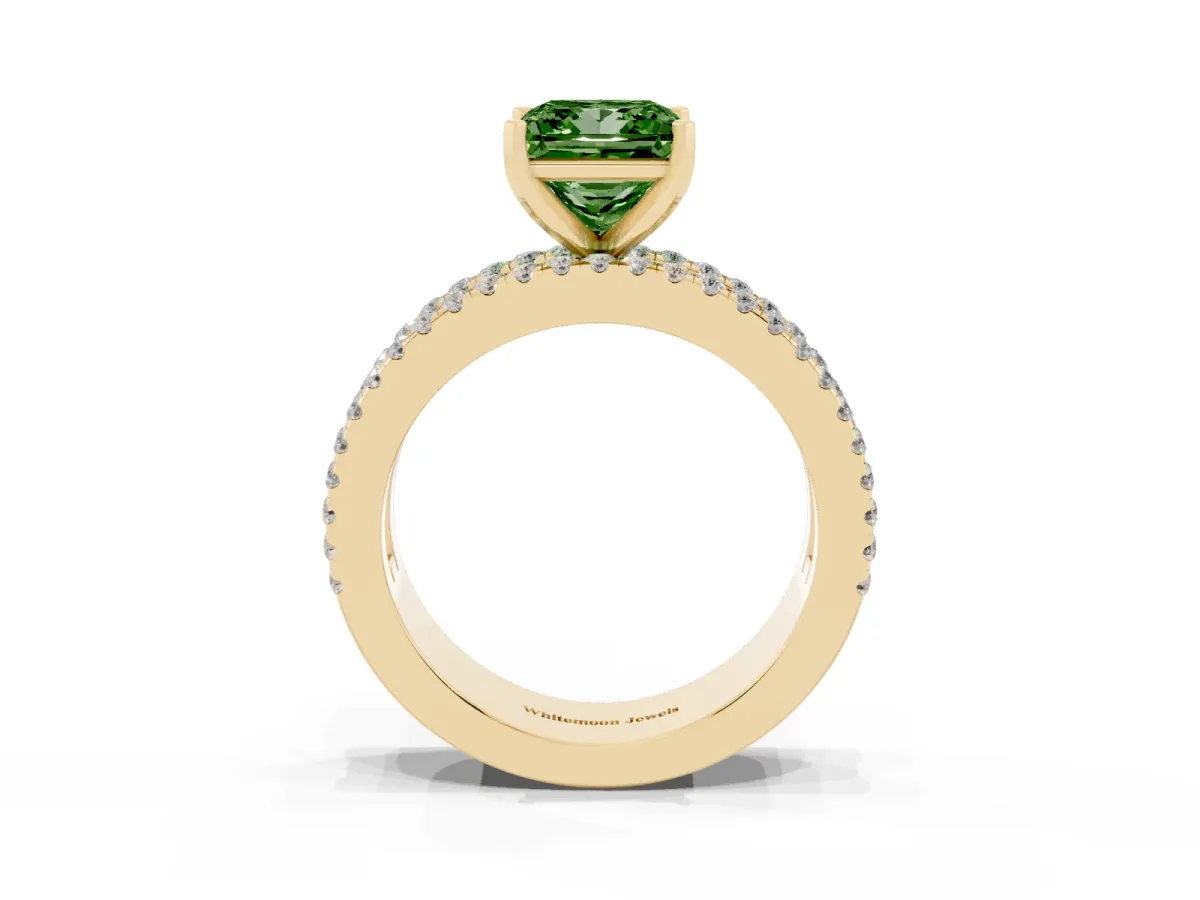 Fancy Green Princess Cut Diamond Solitaire Ring with Pavé and Channel Set Band Yellow gold
