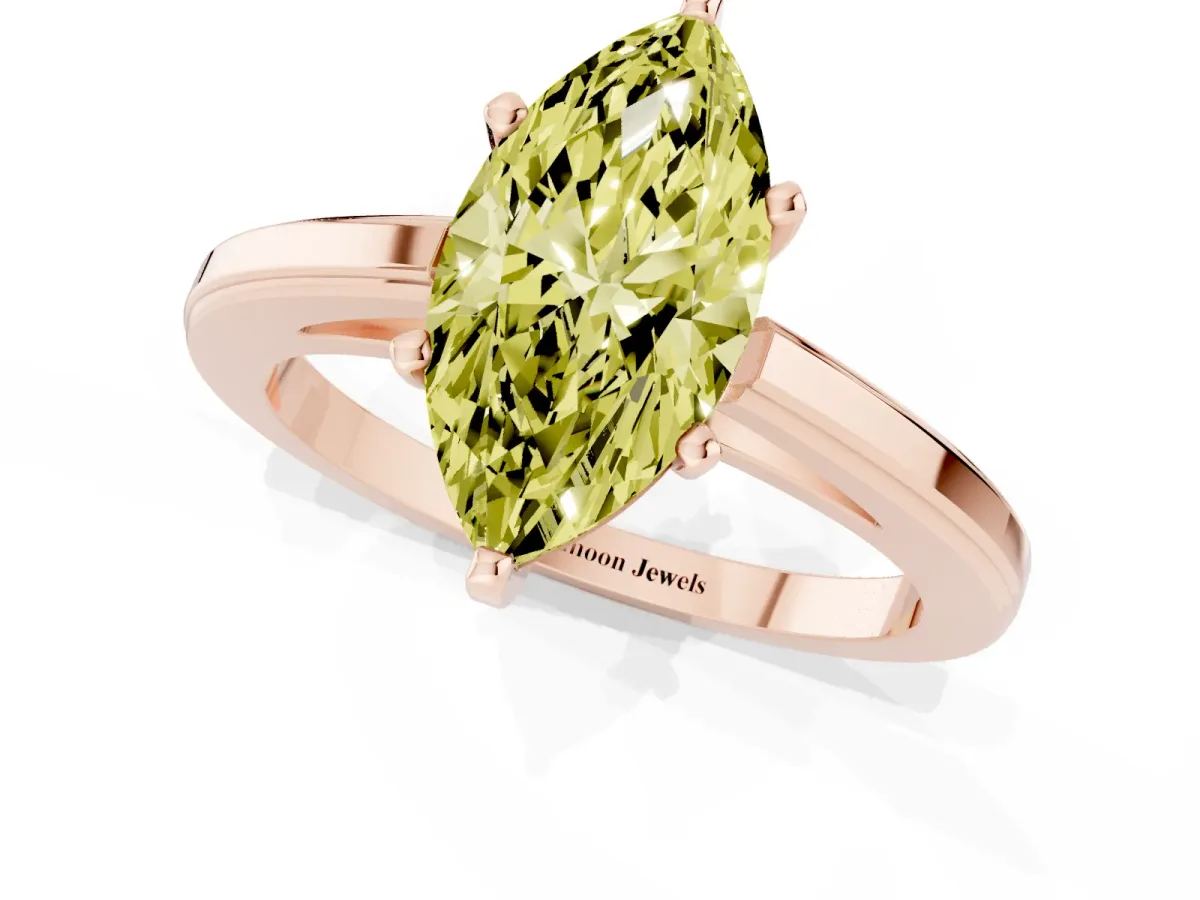 Fancy Yellow Marquise Cut Solitaire Diamond Ring with Four-Prong Setting and Classic Band Rose gold