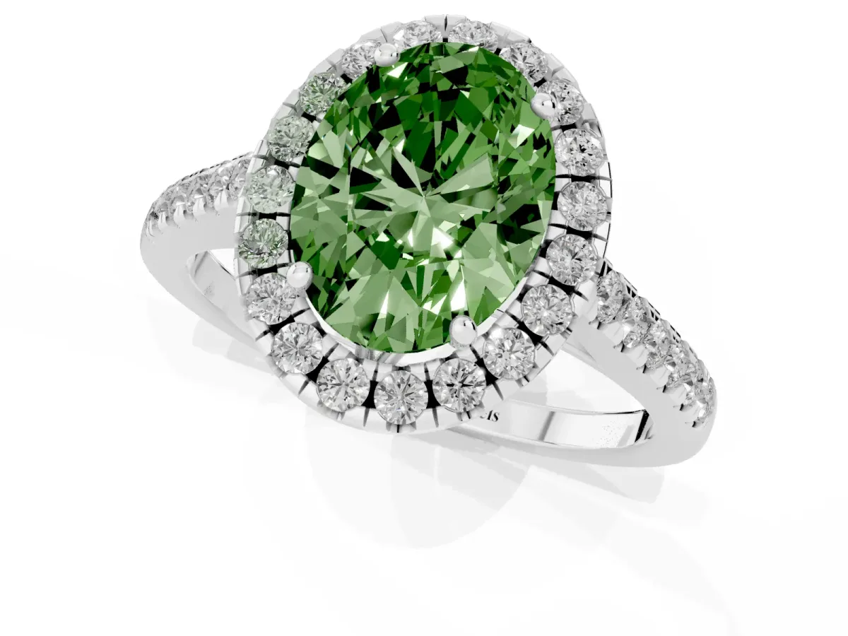 Fancy Green Oval Cut Halo Pavé Diamond Engagement Ring with Four-Prong Setting Silver
