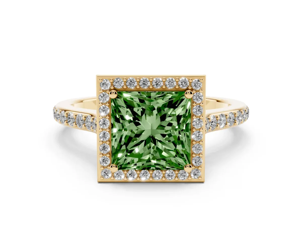 Fancy Green Princess Cut Diamond Halo Engagement Ring with Round Pavé Shoulders and Prong Setting Yellow gold