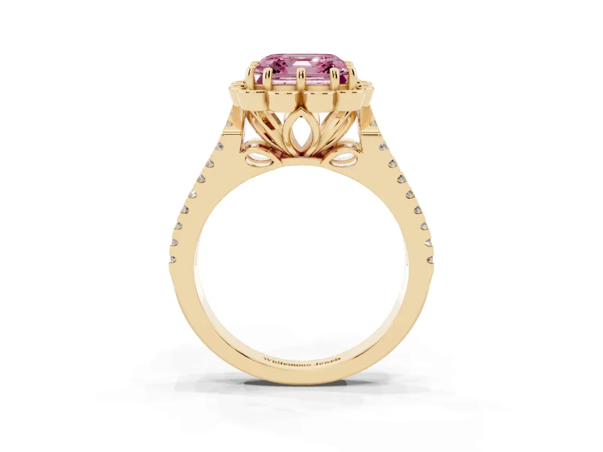Fancy Pink Asscher Cut Halo Diamond Floral Split Shank Engagement Ring Yellow gold