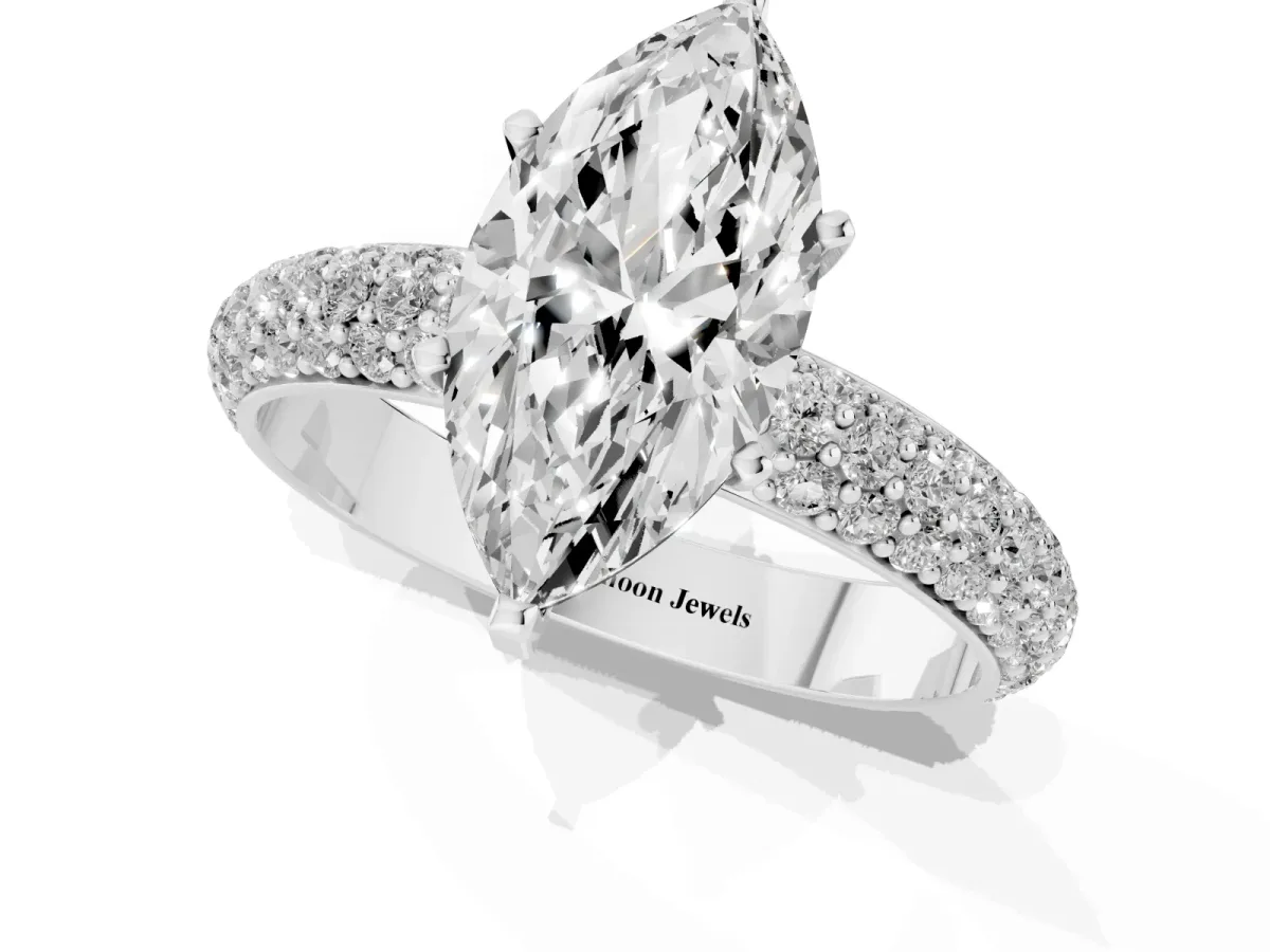 Marquise Cut Diamond Solitaire Ring with Prong Setting and Pavé Band Silver