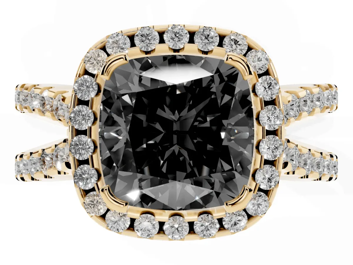Fancy Black Cushion Cut Diamond Halo Ring with Split Shank Pavé Band and Prong Setting Yellow gold