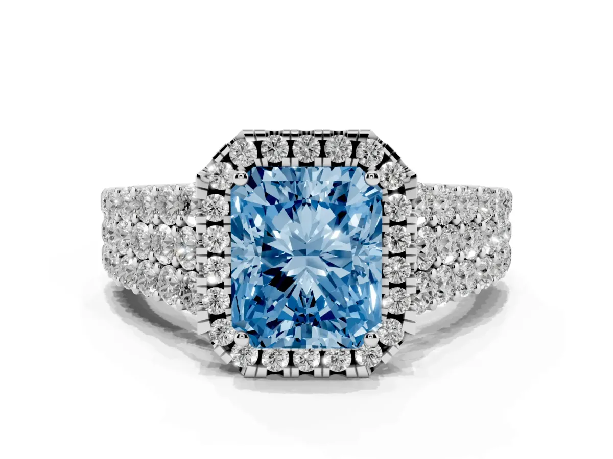 Fancy Blue Radiant Cut Diamond Halo Engagement Ring with Triple Row Round Pavé Band and Prong Setting White gold