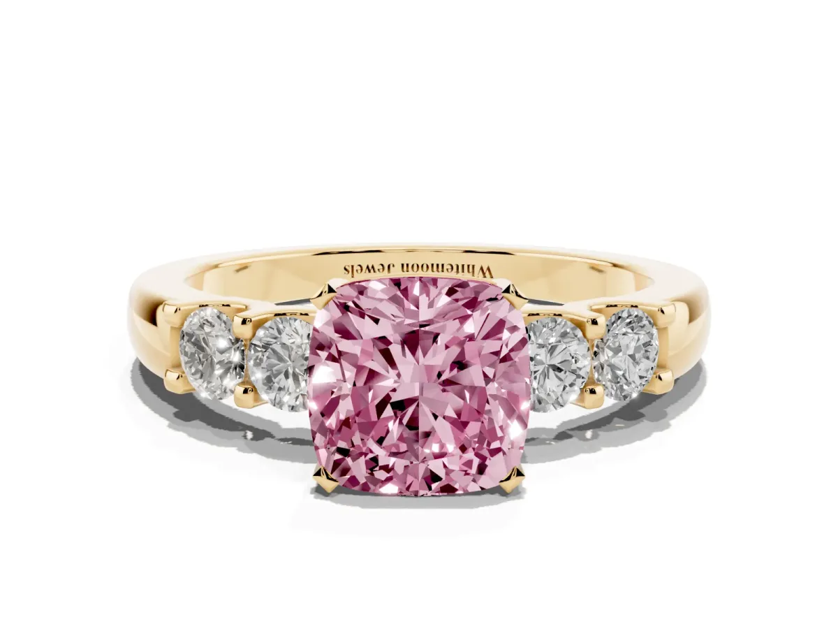Fancy Pink Cushion Cut Brilliant Cut Diamond Five-Stone Prong Set Engagement Ring with Channel Band Yellow gold