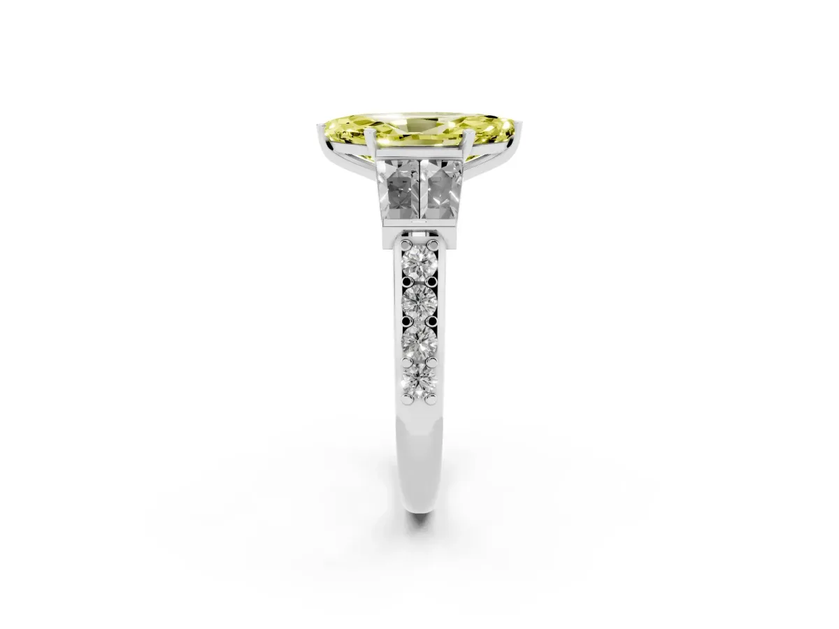 Fancy Yellow Marquise Cut Diamond Engagement Ring with Baguette Side Stones and Channel Set Band Silver