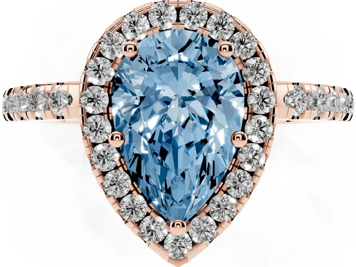 Fancy Blue Pear Cut Halo Diamond Engagement Ring with Pavé Band and Four-Prong Setting Rose gold