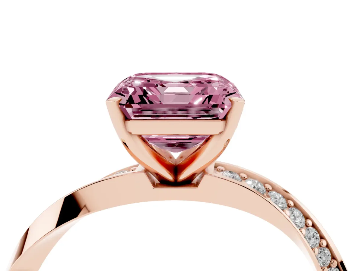Fancy Pink Asscher Cut Diamond Engagement Ring with Side Stone Accents and Four-Prong Setting Rose gold