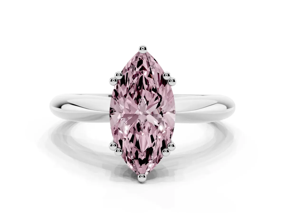 Fancy Pink Marquise Cut Cut Solitaire Engagement Ring with Tapered Band and Four-Prong Setting Platinum