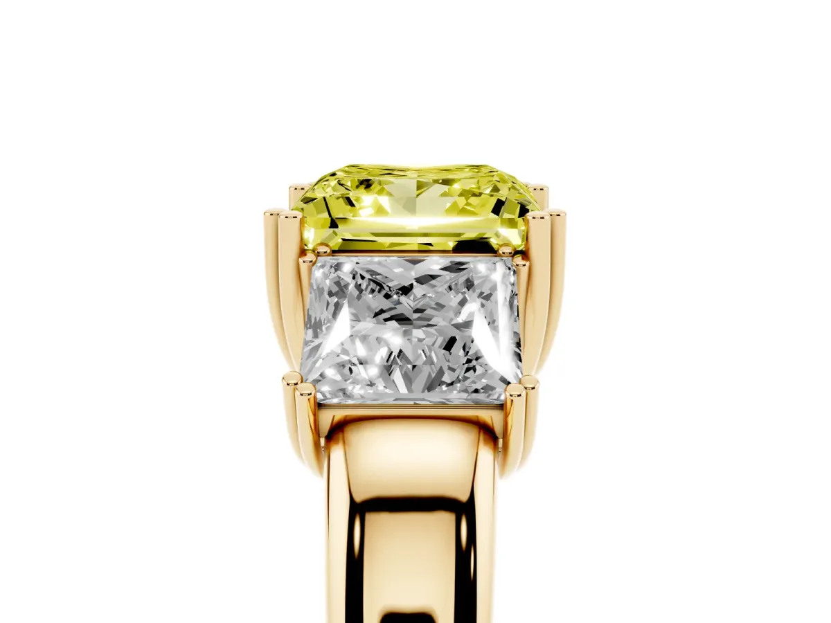 Fancy Yellow Three-Stone Princess Cut Cut Diamond Ring with Channel Set Band and Four-Prong Setting Yellow gold