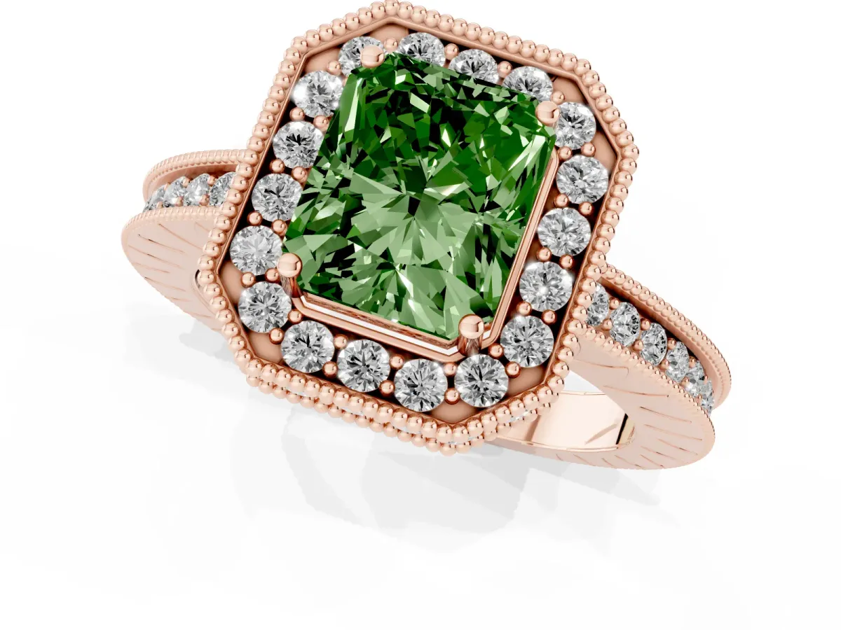 Fancy Green Radiant Cut Diamond Milgrain Halo Engagement Ring with Round Pavé Band and Prong Setting Rose gold