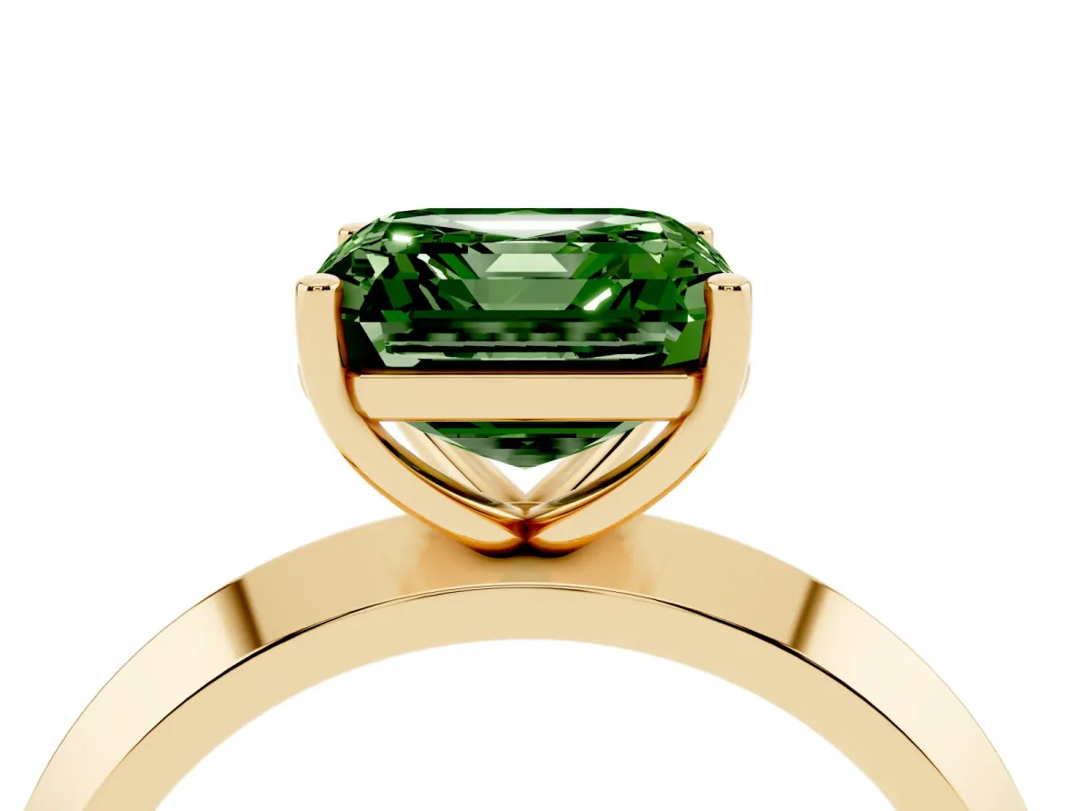 Fancy Green Asscher Cut Cut Solitaire Engagement Ring with Flat Band and Four-Prong Setting Yellow gold