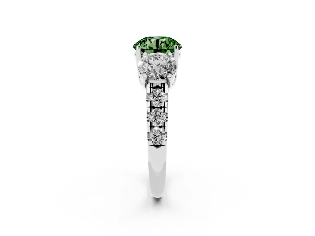 Fancy Green Three-Stone Round Cut Diamond Pavé Band with Prong Setting Silver