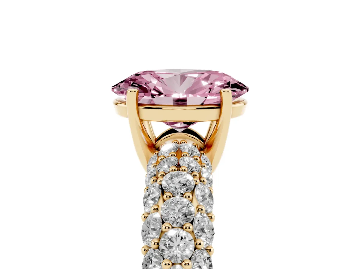Fancy Pink Oval Cut Diamond Pavé Band Solitaire Ring with Four-Prong Setting Yellow gold