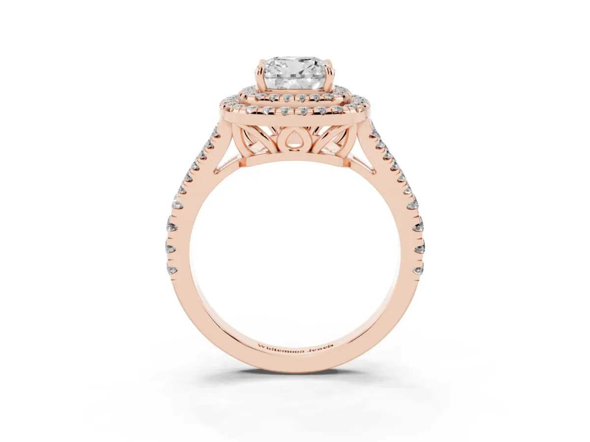 Cushion Cut Diamond Double Halo Ring with Pavé Band and Prong Setting Rose gold