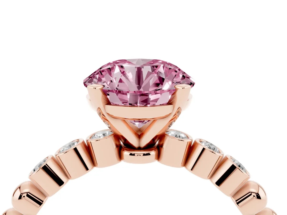 Fancy Pink Round Cut Solitaire Bezel Accent Diamond Engagement Ring with Beaded Band and Four-Prong Setting Rose gold