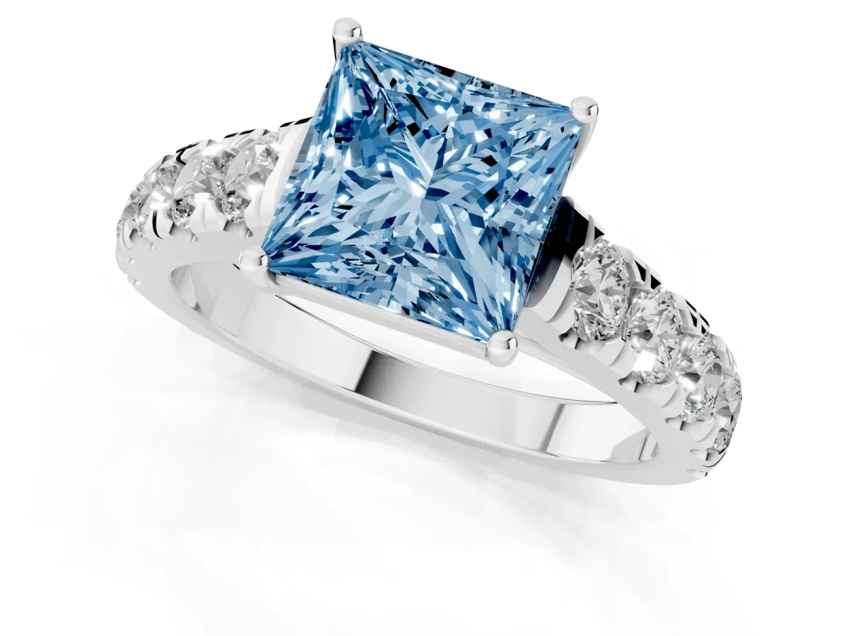 Fancy Blue Princess Cut Cut Diamond Solitaire Ring with Micro Pave Band and Prong Setting Silver